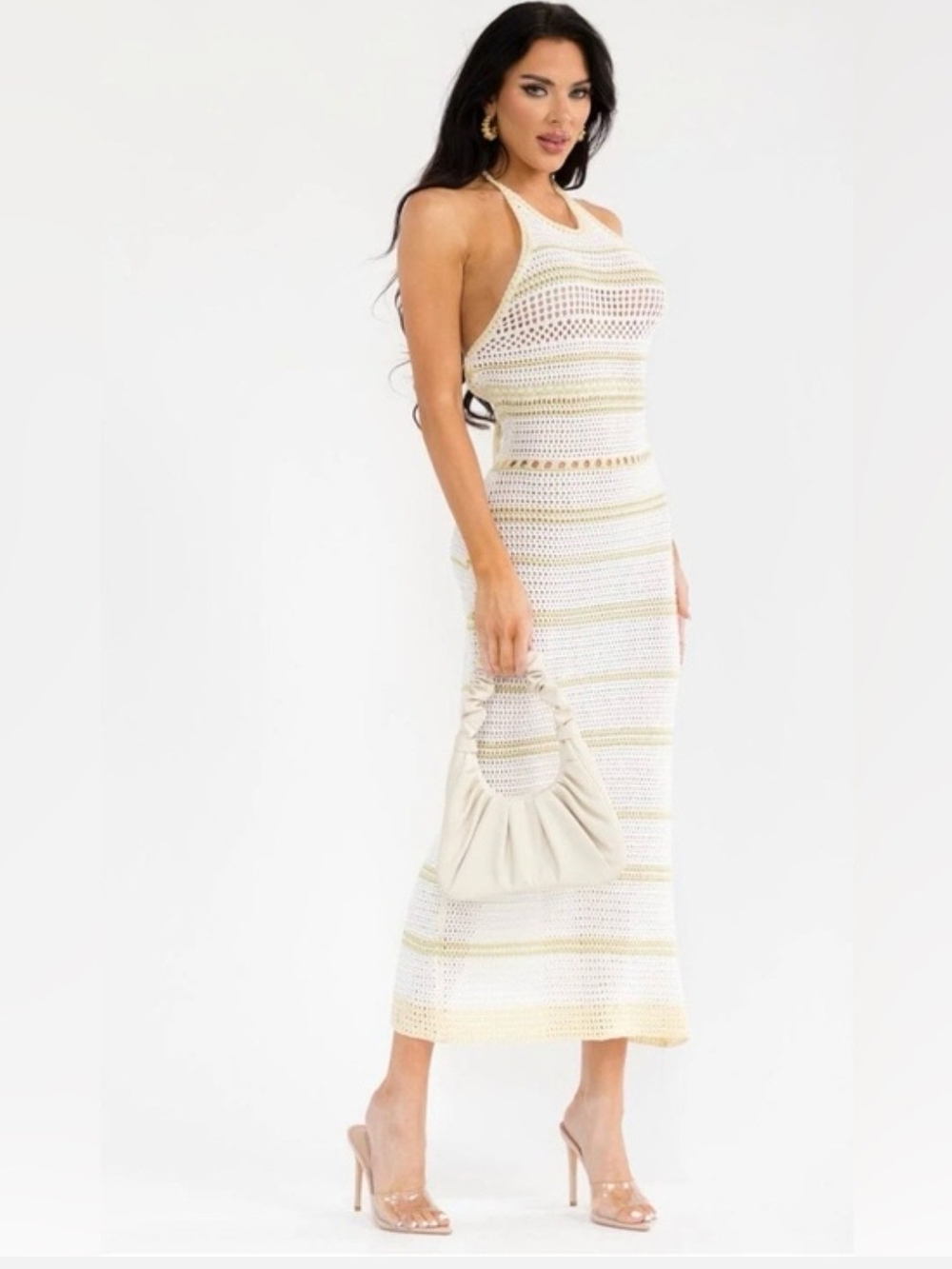 Sleeveless Knit Midi Dress in Cream and Gold Stripe